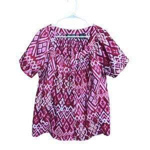 Lemon Grass Womens Blouse Size XL  Pink /Red Ikat Print Button Front Shirt